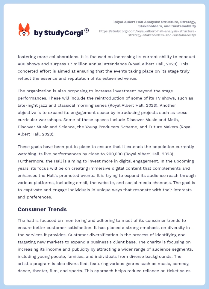 Royal Albert Hall Analysis: Structure, Strategy, Stakeholders, and Sustainability. Page 2