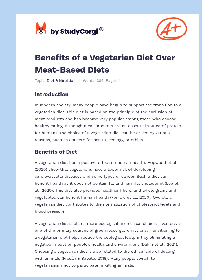 Benefits of a Vegetarian Diet Over Meat-Based Diets. Page 1