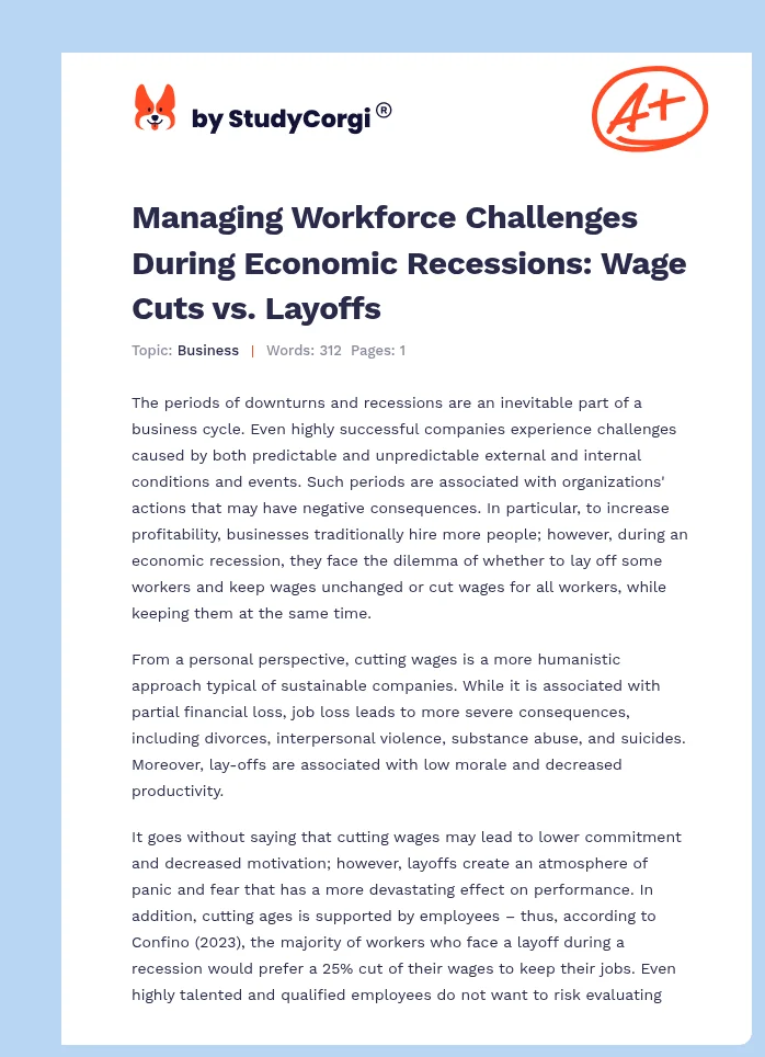Managing Workforce Challenges During Economic Recessions: Wage Cuts vs. Layoffs. Page 1