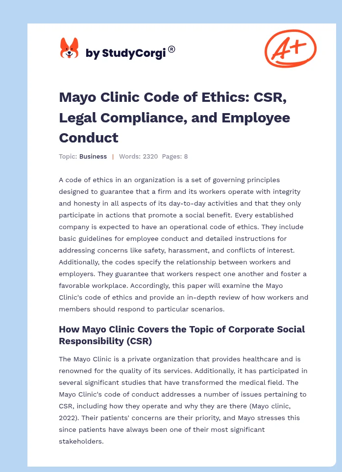 Mayo Clinic Code of Ethics: CSR, Legal Compliance, and Employee Conduct. Page 1