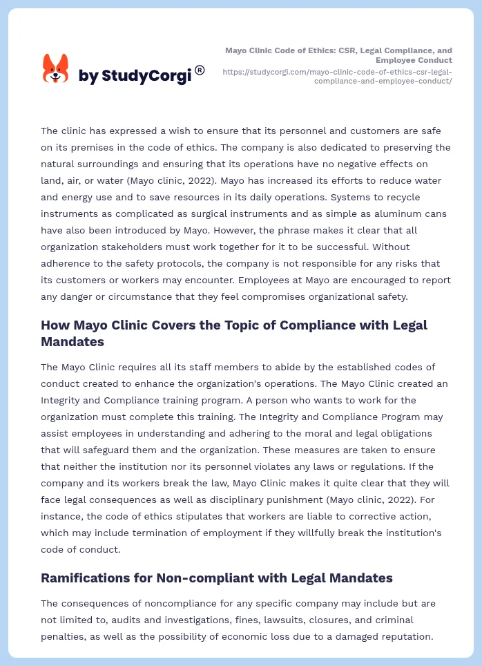 Mayo Clinic Code of Ethics: CSR, Legal Compliance, and Employee Conduct. Page 2