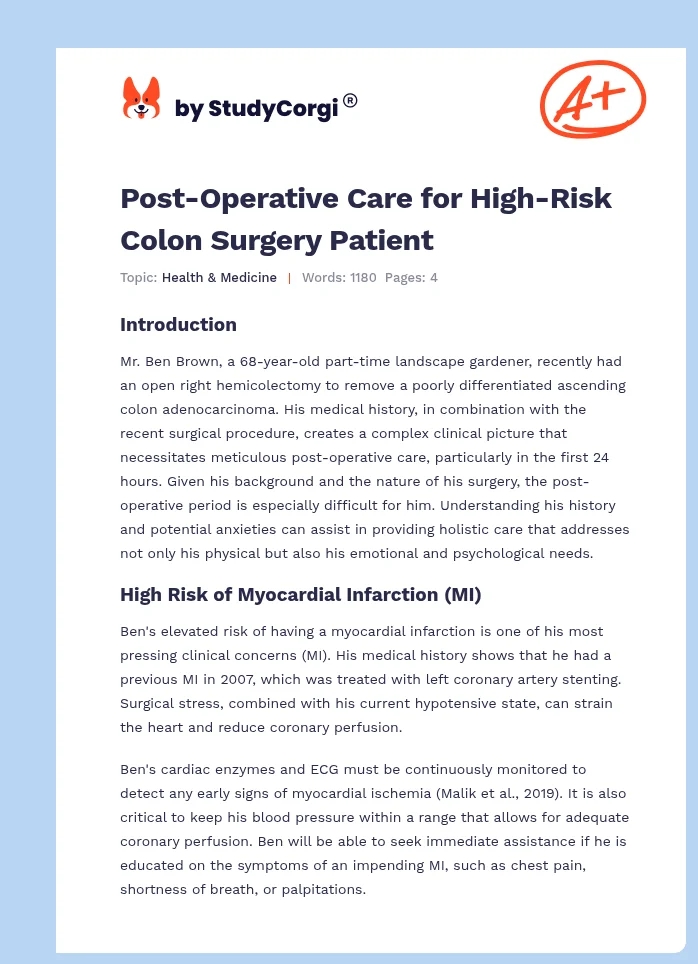 Post-Operative Care for High-Risk Colon Surgery Patient. Page 1