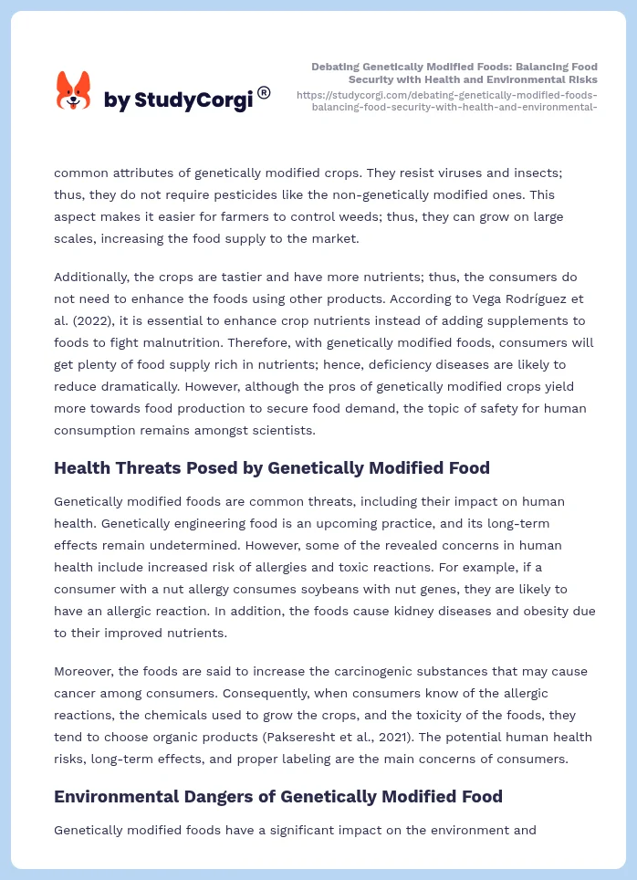 Debating Genetically Modified Foods: Balancing Food Security with Health and Environmental Risks. Page 2
