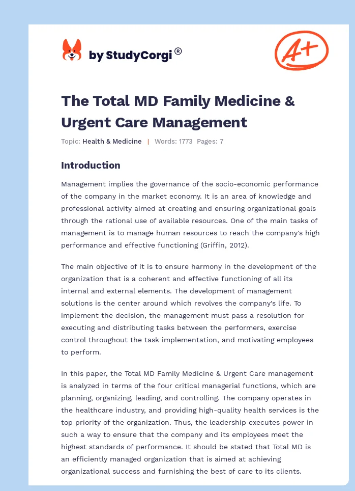 The Total MD Family Medicine & Urgent Care Management. Page 1