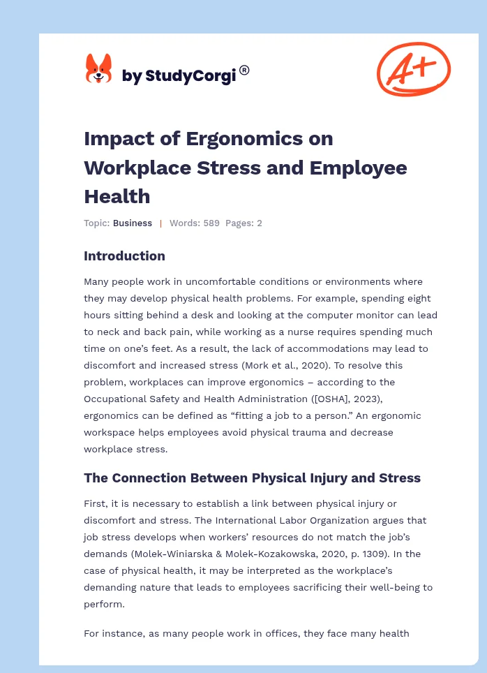 Impact of Ergonomics on Workplace Stress and Employee Health. Page 1