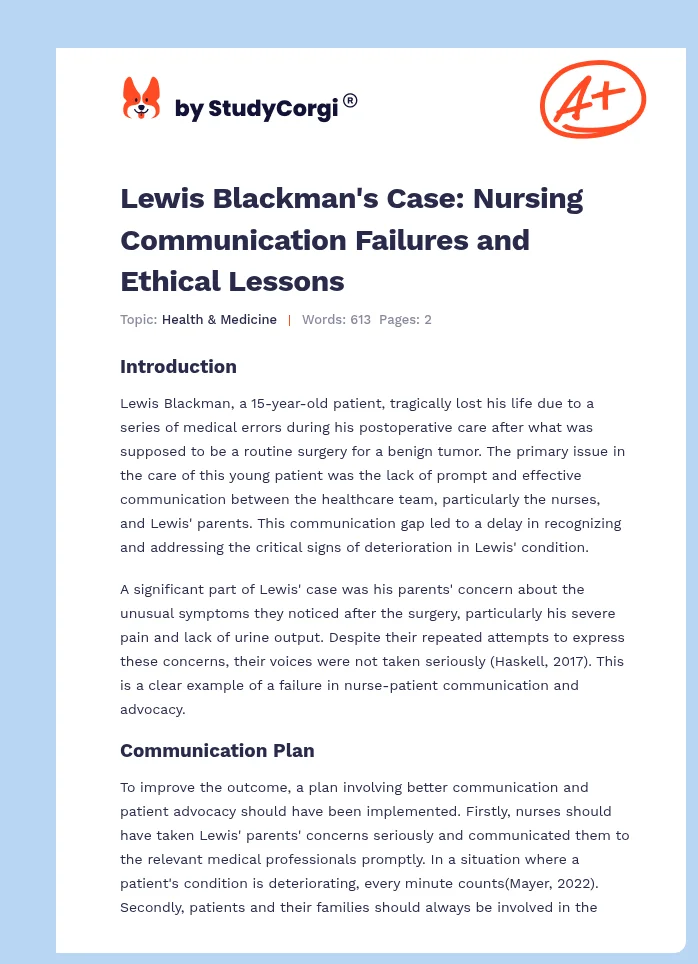 Lewis Blackman's Case: Nursing Communication Failures and Ethical Lessons. Page 1