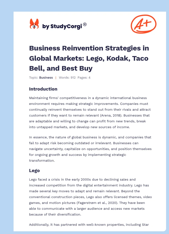 Business Reinvention Strategies in Global Markets: Lego, Kodak, Taco Bell, and Best Buy. Page 1