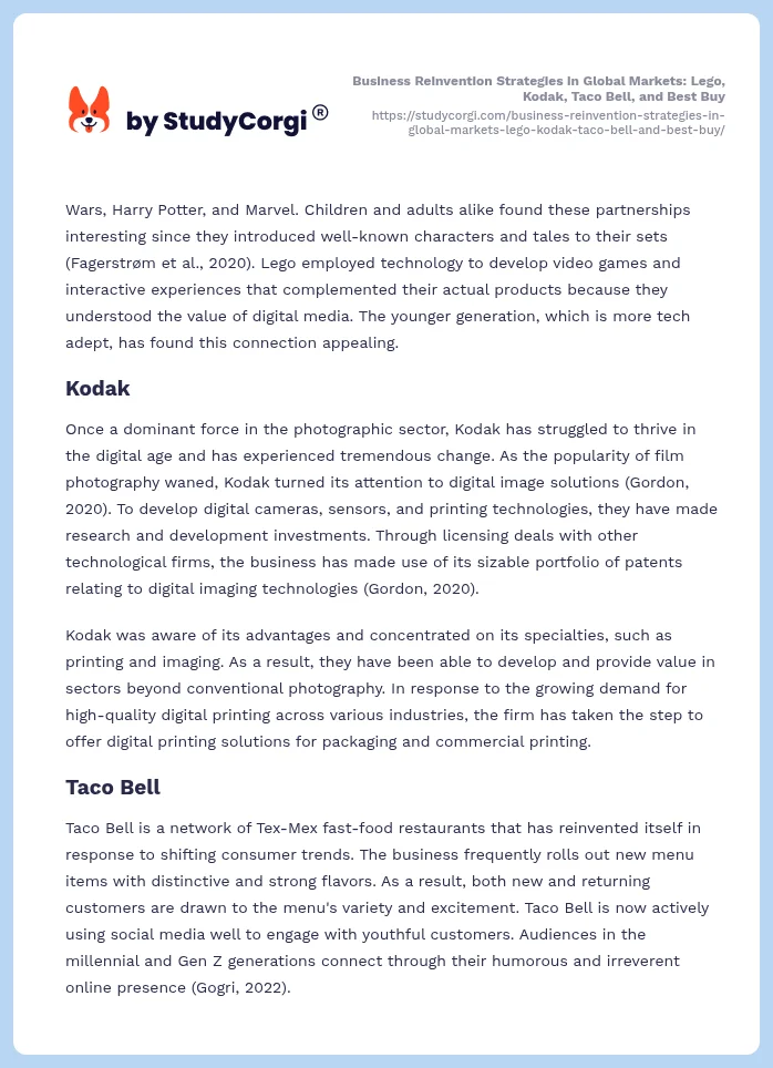 Business Reinvention Strategies in Global Markets: Lego, Kodak, Taco Bell, and Best Buy. Page 2