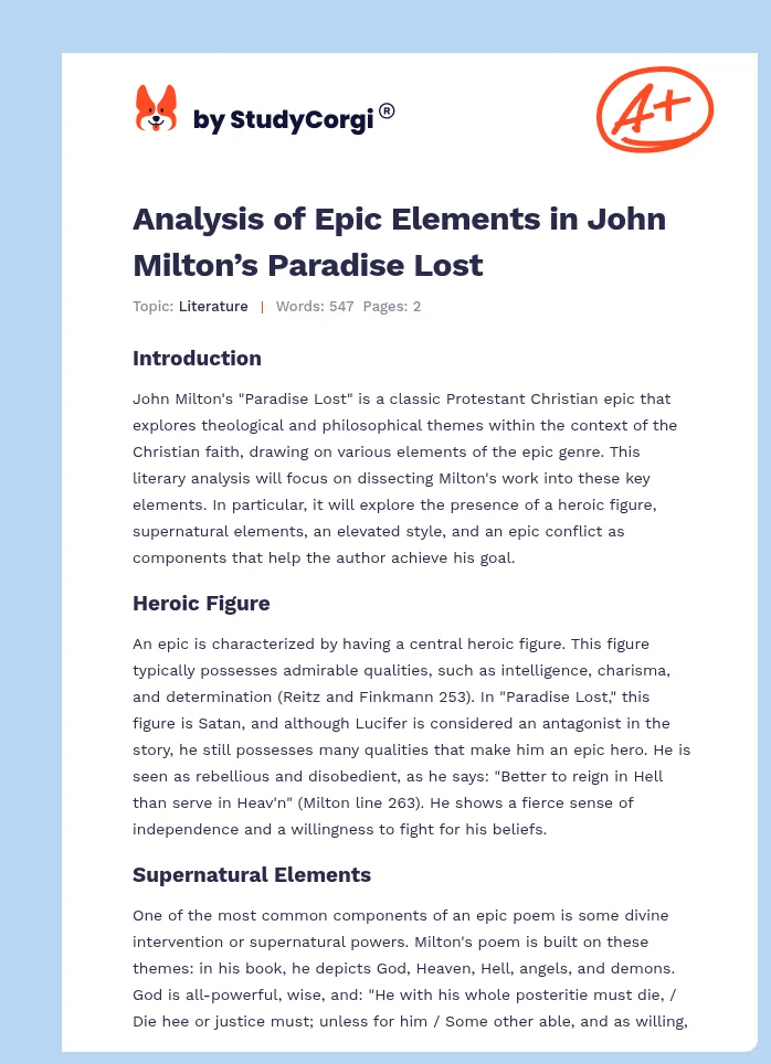 Analysis of Epic Elements in John Milton’s Paradise Lost. Page 1