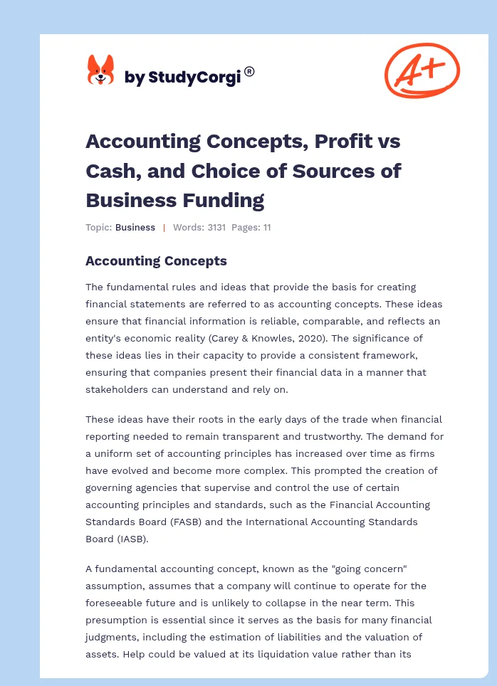 Accounting Concepts, Profit vs Cash, and Choice of Sources of Business Funding. Page 1