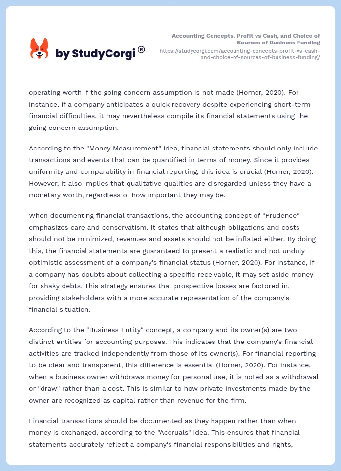 Accounting Concepts, Profit vs Cash, and Choice of Sources of Business Funding. Page 2