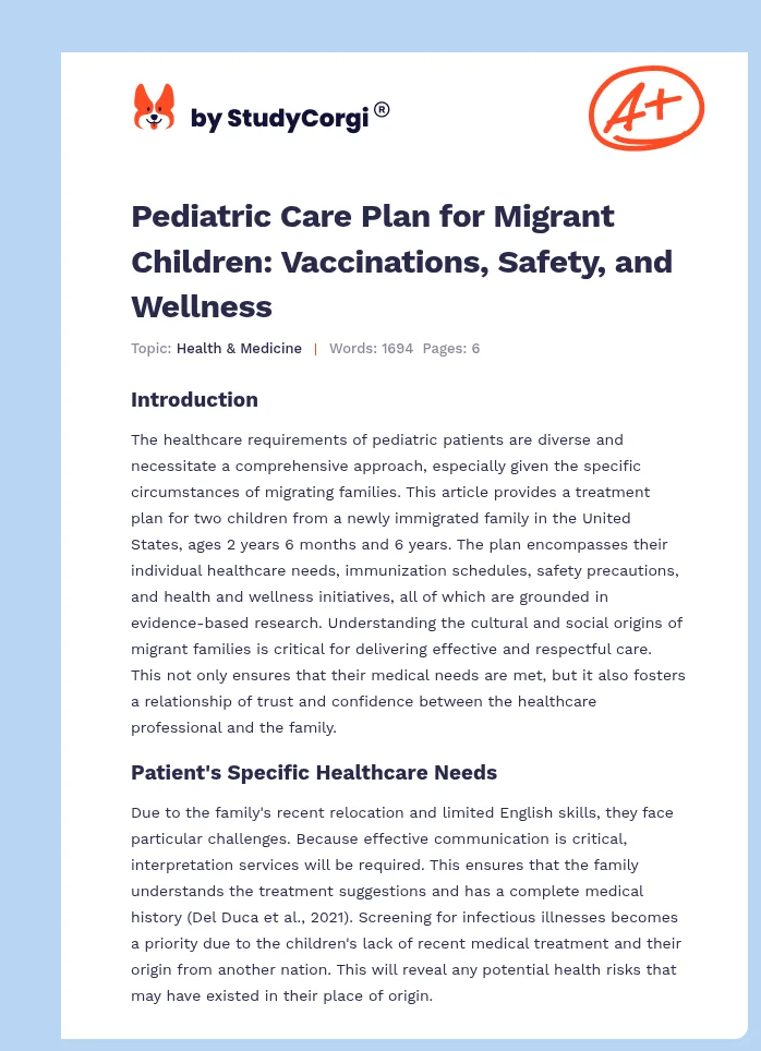 Pediatric Care Plan for Migrant Children: Vaccinations, Safety, and Wellness. Page 1