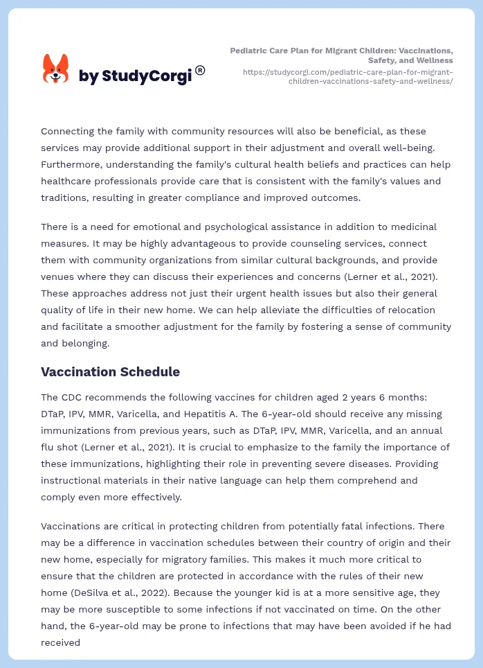 Pediatric Care Plan for Migrant Children: Vaccinations, Safety, and Wellness. Page 2