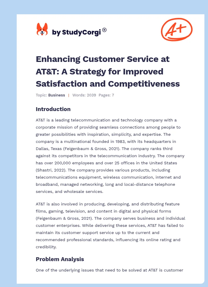 Enhancing Customer Service at AT&T: A Strategy for Improved Satisfaction and Competitiveness. Page 1