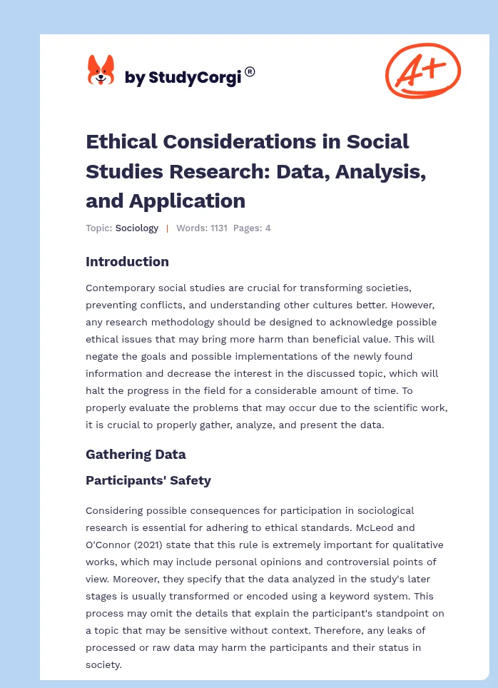 Ethical Considerations in Social Studies Research: Data, Analysis, and Application. Page 1