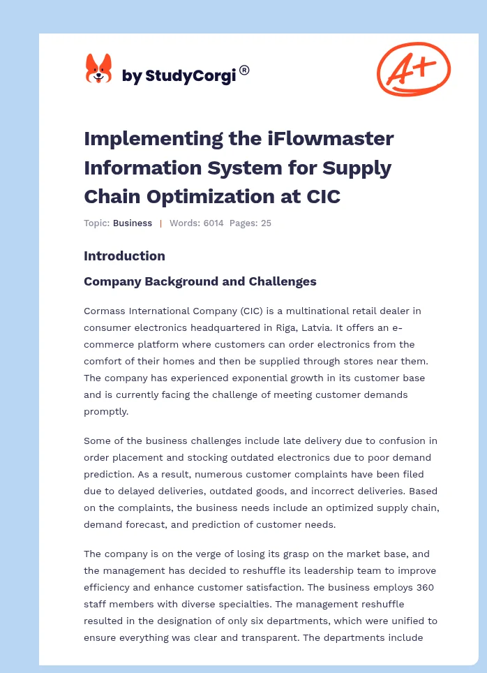 Implementing the iFlowmaster Information System for Supply Chain Optimization at CIC. Page 1