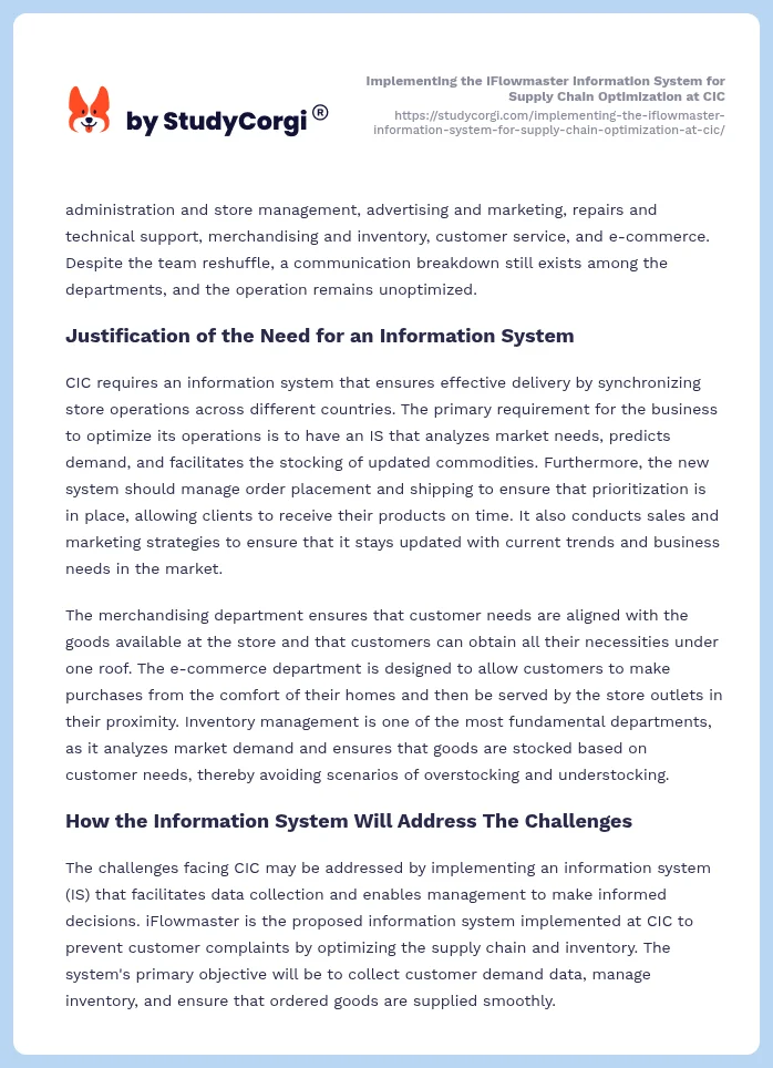 Implementing the iFlowmaster Information System for Supply Chain Optimization at CIC. Page 2