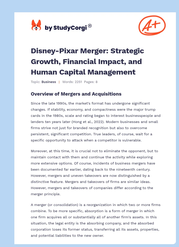 Disney-Pixar Merger: Strategic Growth, Financial Impact, and Human Capital Management. Page 1