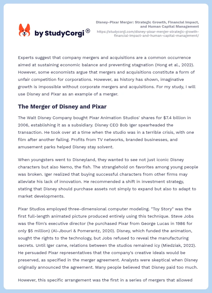 Disney-Pixar Merger: Strategic Growth, Financial Impact, and Human Capital Management. Page 2