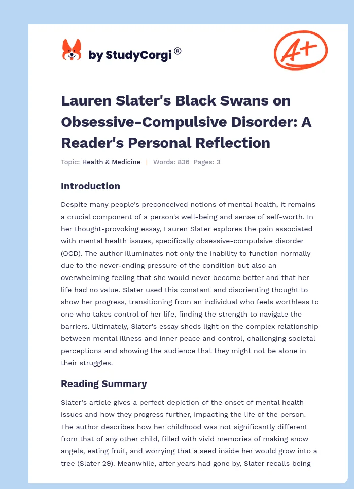 Lauren Slater's Black Swans on Obsessive-Compulsive Disorder: A Reader's Personal Reflection. Page 1
