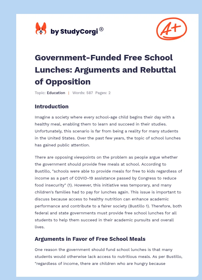 Government-Funded Free School Lunches: Arguments and Rebuttal of Opposition. Page 1