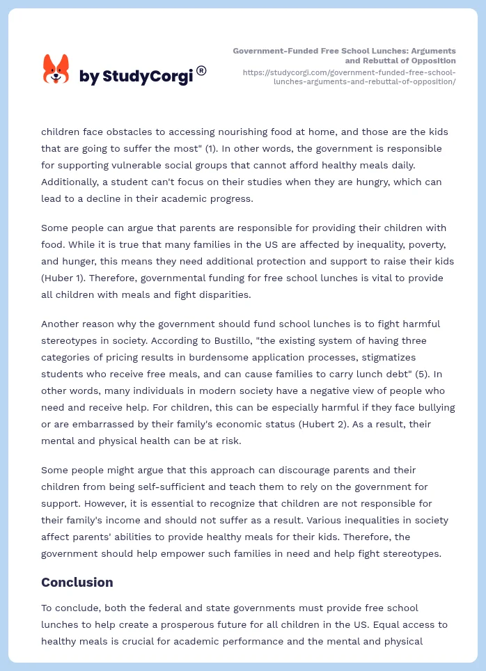Government-Funded Free School Lunches: Arguments and Rebuttal of Opposition. Page 2