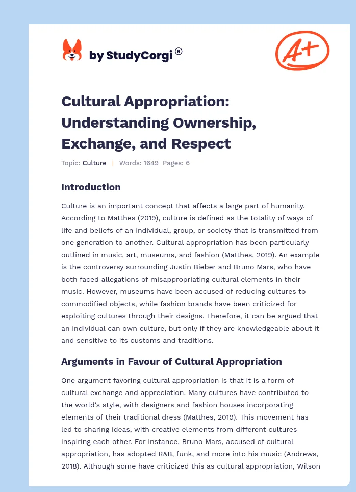 Cultural Appropriation: Understanding Ownership, Exchange, and Respect. Page 1