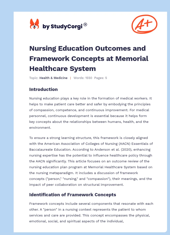 Nursing Education Outcomes and Framework Concepts at Memorial Healthcare System. Page 1