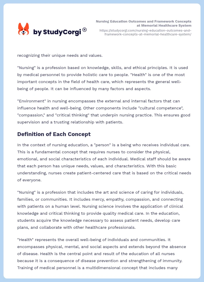 Nursing Education Outcomes and Framework Concepts at Memorial Healthcare System. Page 2