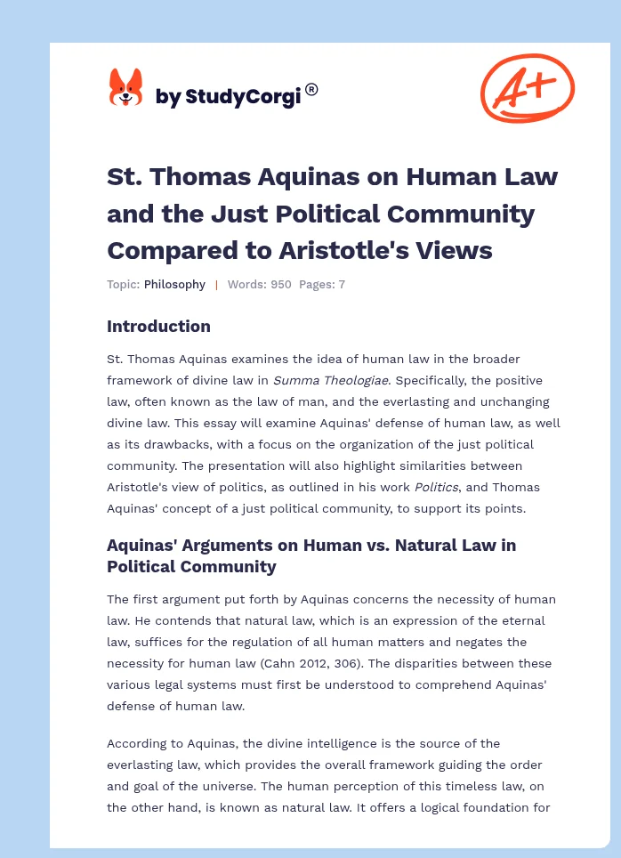 St. Thomas Aquinas on Human Law and the Just Political Community Compared to Aristotle's Views. Page 1
