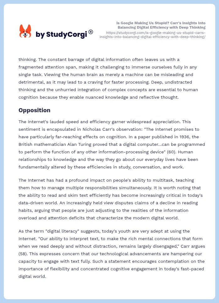 Is Google Making Us Stupid? Carr's Insights Into Balancing Digital Efficiency with Deep Thinking. Page 2