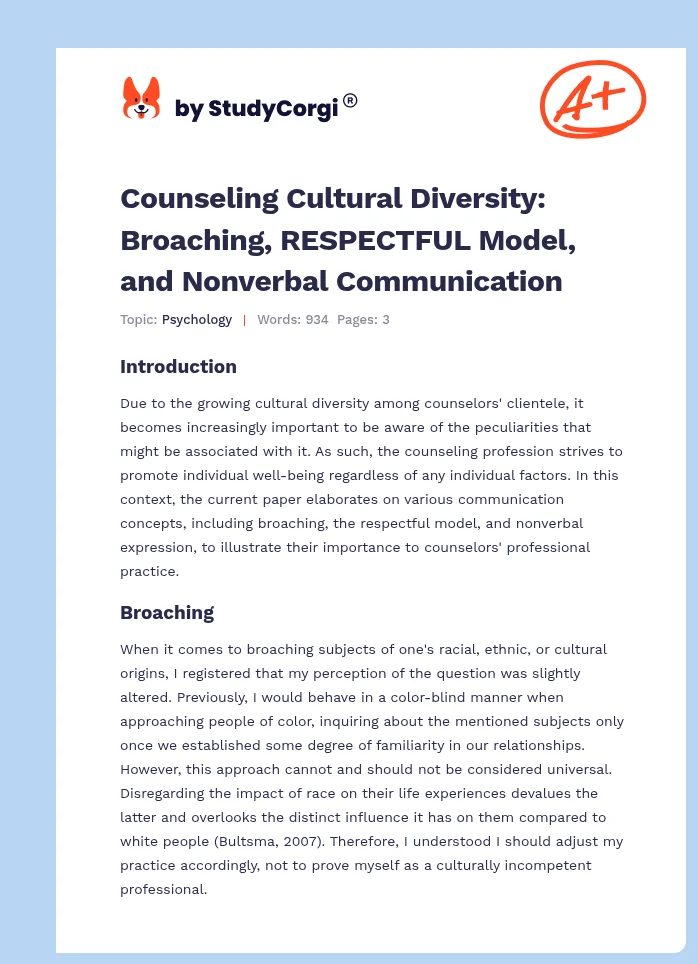 Counseling Cultural Diversity: Broaching, RESPECTFUL Model, and Nonverbal Communication. Page 1