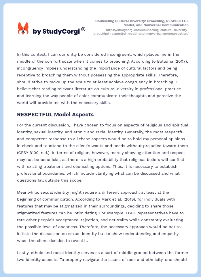 Counseling Cultural Diversity: Broaching, RESPECTFUL Model, and Nonverbal Communication. Page 2