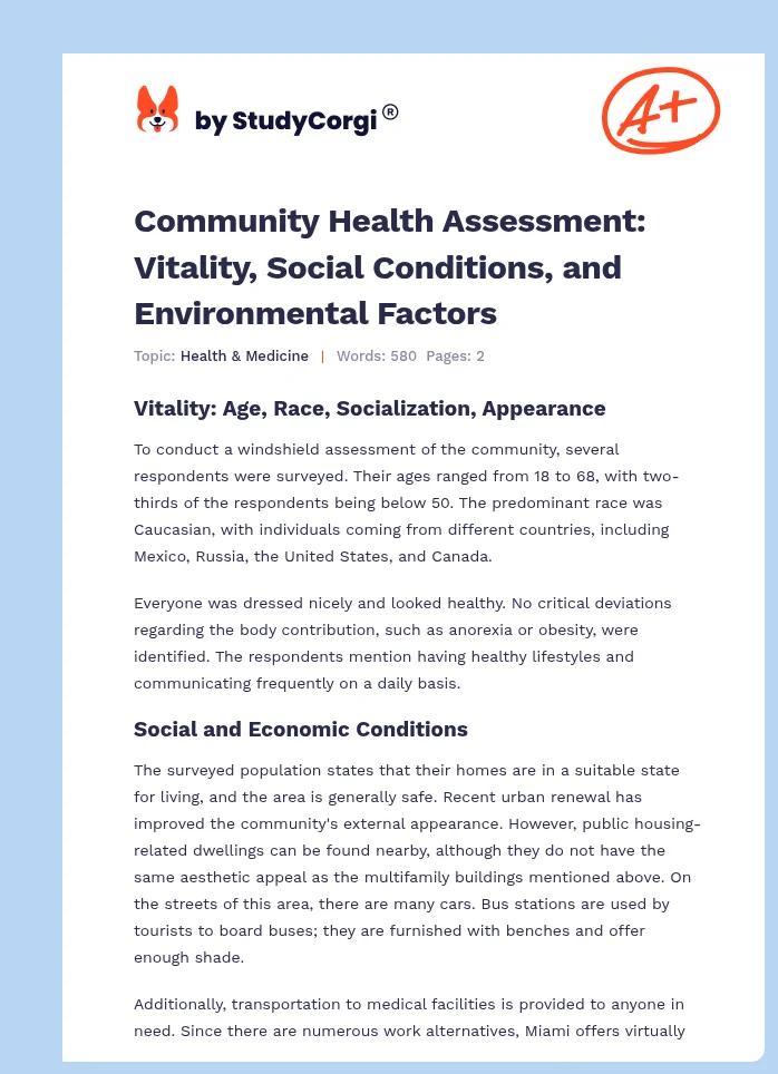 Community Health Assessment: Vitality, Social Conditions, and Environmental Factors. Page 1