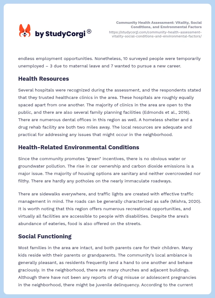 Community Health Assessment: Vitality, Social Conditions, and Environmental Factors. Page 2