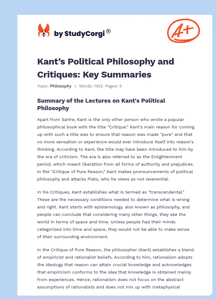 Kant’s Political Philosophy and Critiques: Key Summaries. Page 1
