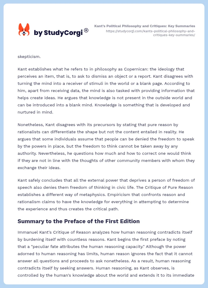 Kant’s Political Philosophy and Critiques: Key Summaries. Page 2