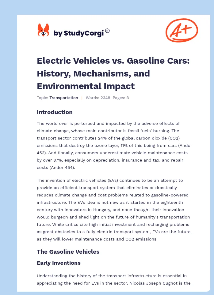 Electric Vehicles vs. Gasoline Cars: History, Mechanisms, and Environmental Impact. Page 1