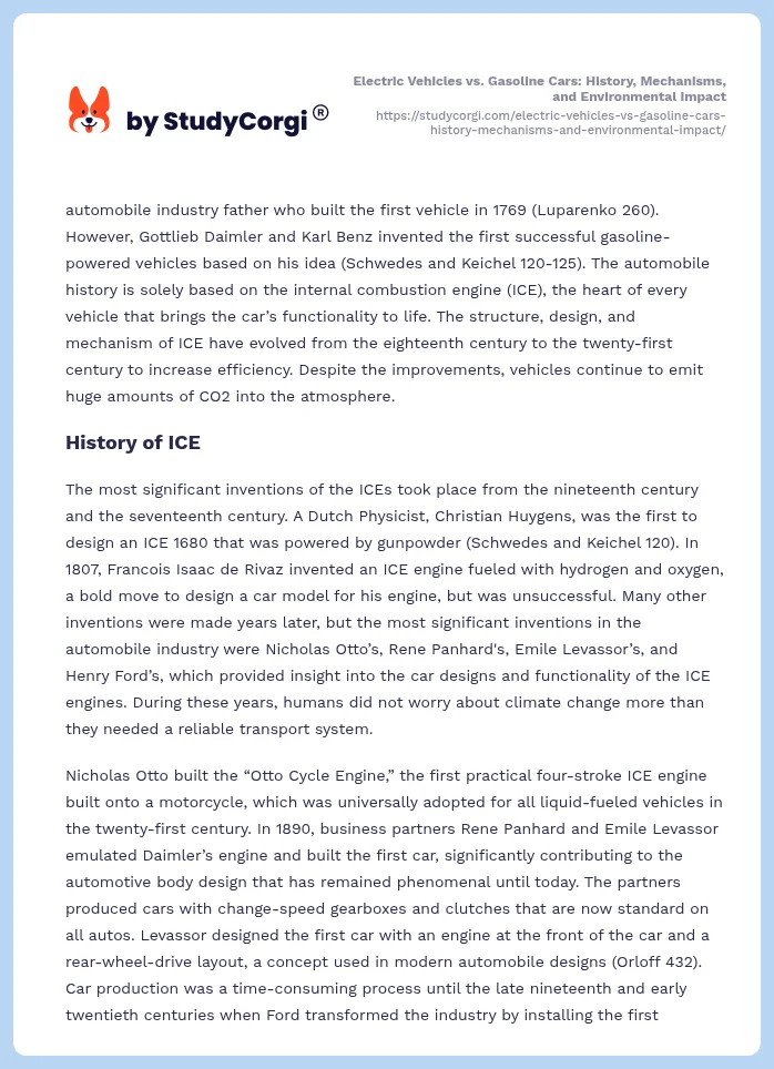 Electric Vehicles vs. Gasoline Cars: History, Mechanisms, and Environmental Impact. Page 2