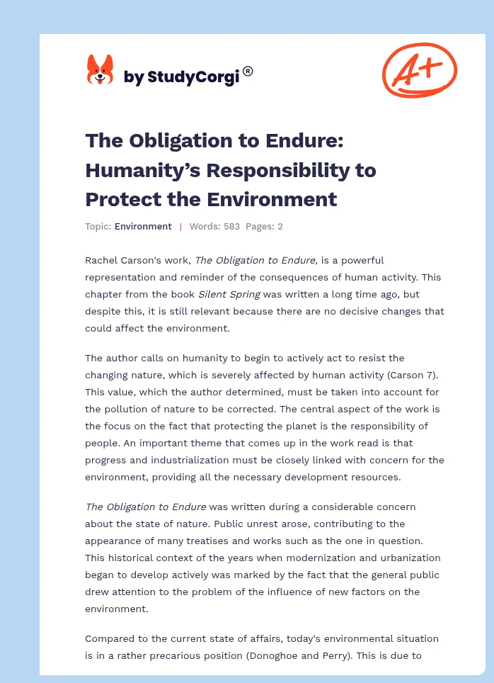 The Obligation to Endure: Humanity’s Responsibility to Protect the Environment. Page 1