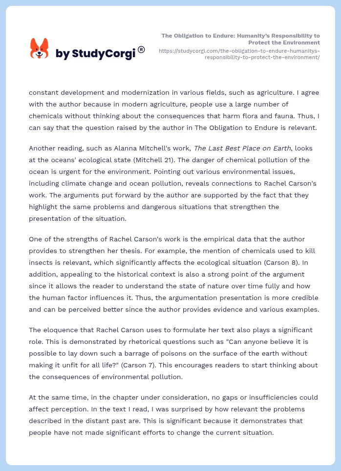 The Obligation to Endure: Humanity’s Responsibility to Protect the Environment. Page 2
