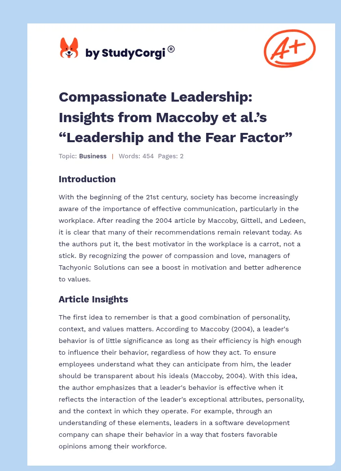 Compassionate Leadership: Insights from Maccoby et al.’s “Leadership and the Fear Factor”. Page 1