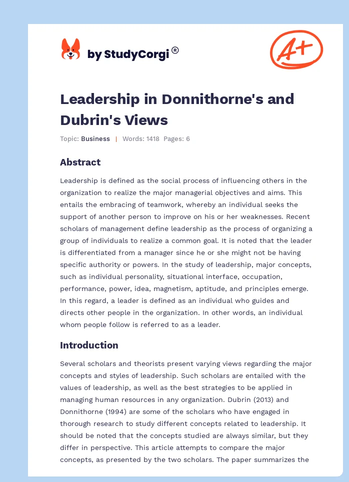 Leadership in Donnithorne's and Dubrin's Views. Page 1