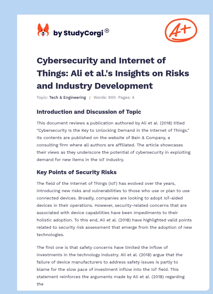 Cybersecurity and Internet of Things: Ali et al.'s Insights on Risks and Industry Development. Page 1