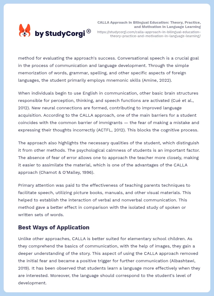CALLA Approach in Bilingual Education: Theory, Practice, and Motivation in Language Learning. Page 2