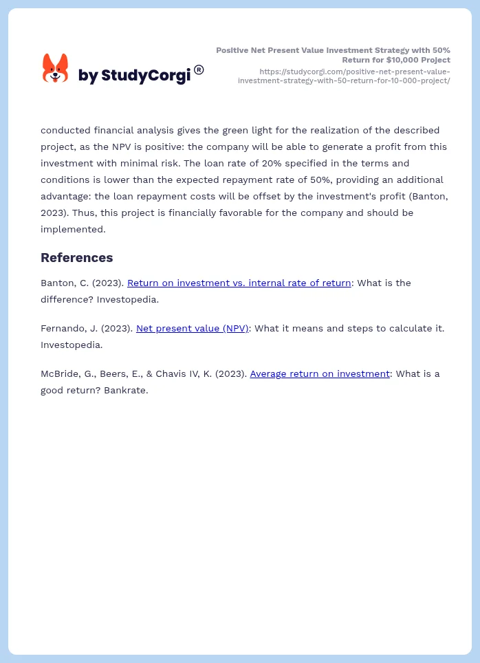Positive Net Present Value Investment Strategy with 50% Return for $10,000 Project. Page 2