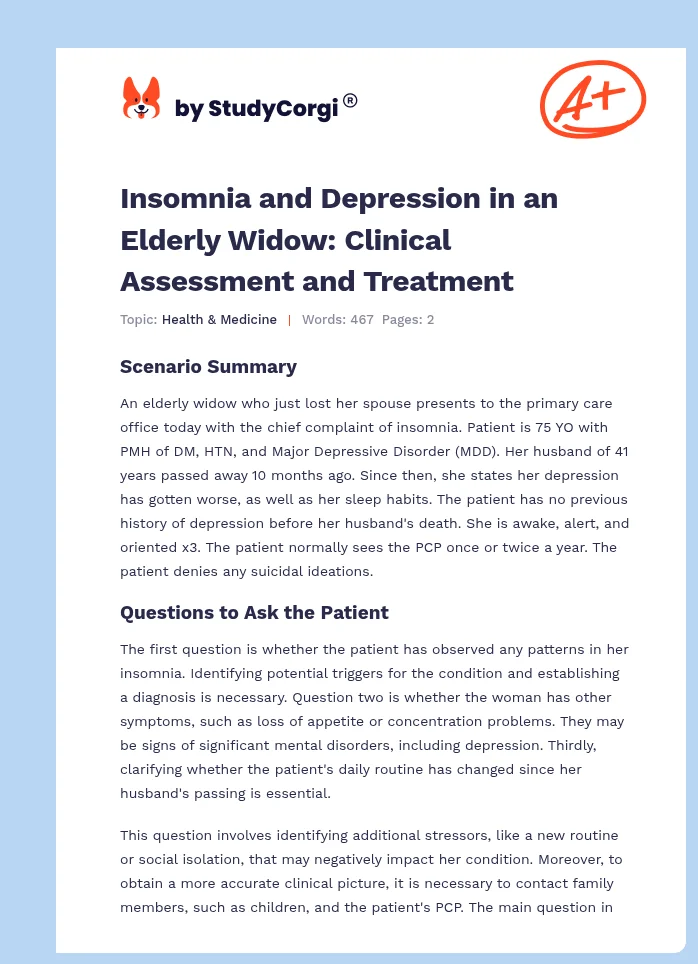 Insomnia and Depression in an Elderly Widow: Clinical Assessment and Treatment. Page 1