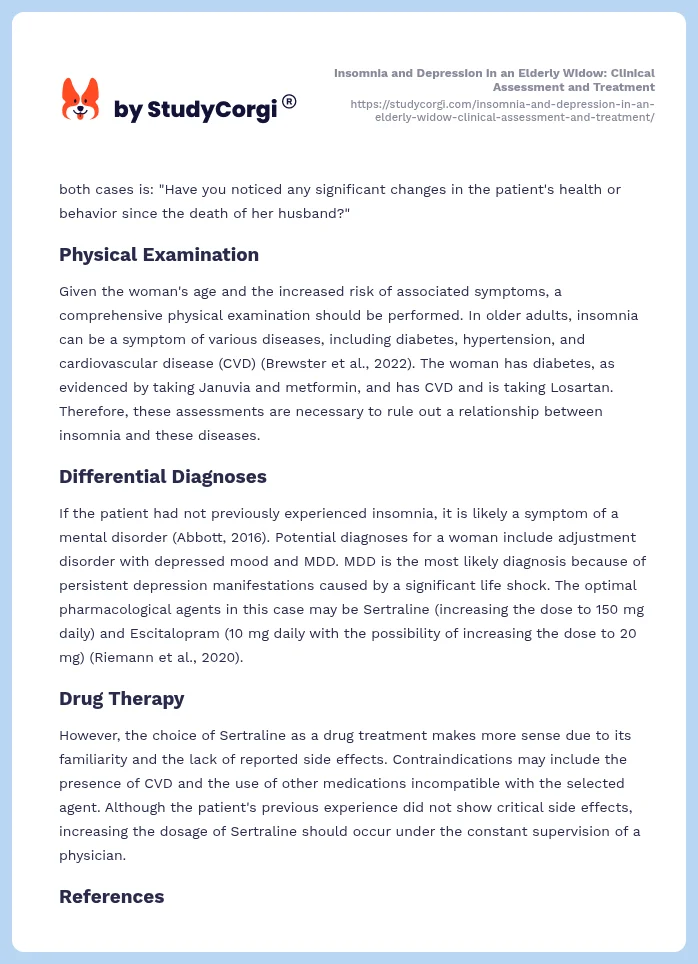Insomnia and Depression in an Elderly Widow: Clinical Assessment and Treatment. Page 2
