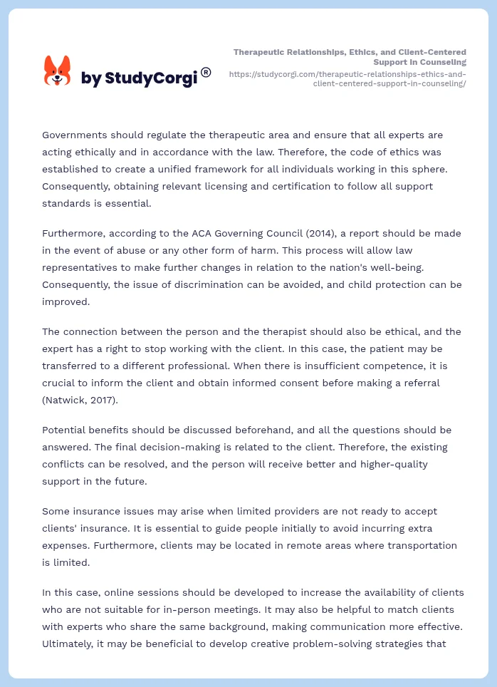 Therapeutic Relationships, Ethics, and Client-Centered Support in Counseling. Page 2