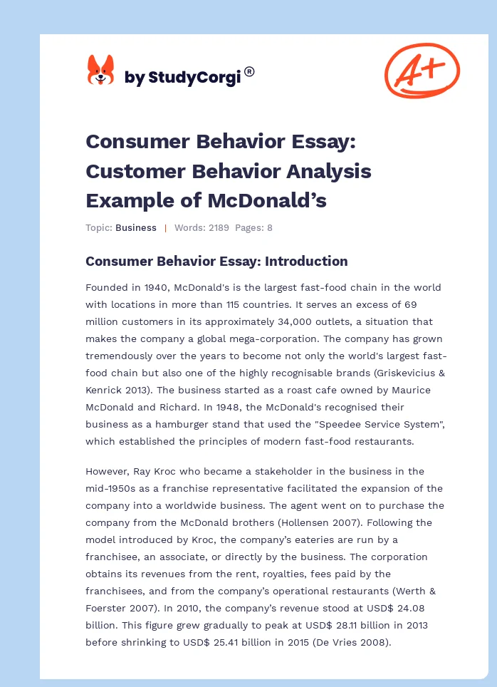 Consumer Behavior Essay: Customer Behavior Analysis Example of McDonald’s. Page 1